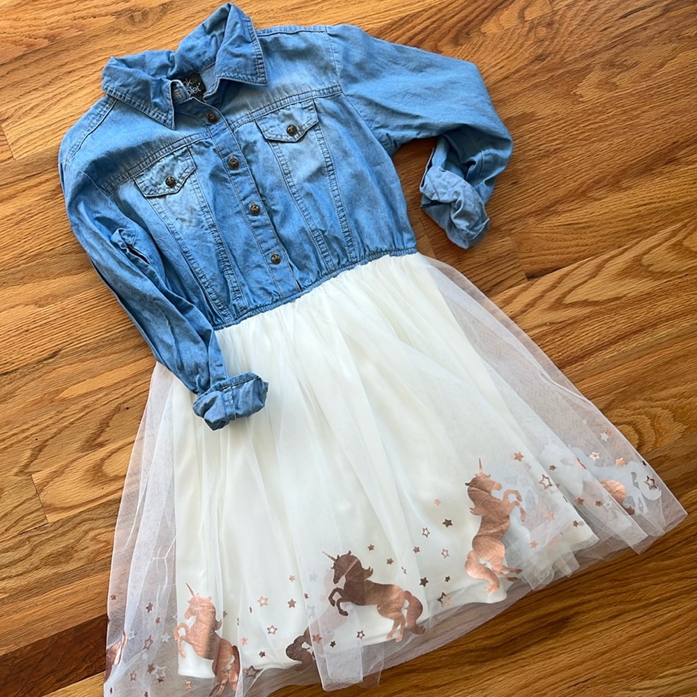 “Pink & Violet” denim and unicorn dress girls size 10